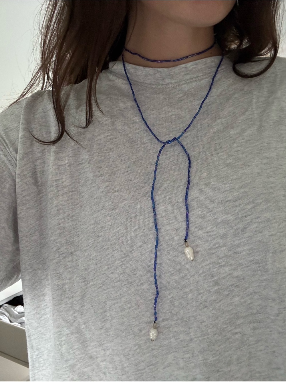 Handcrafted Blue Beaded Lariat Necklace with Pearl Drops